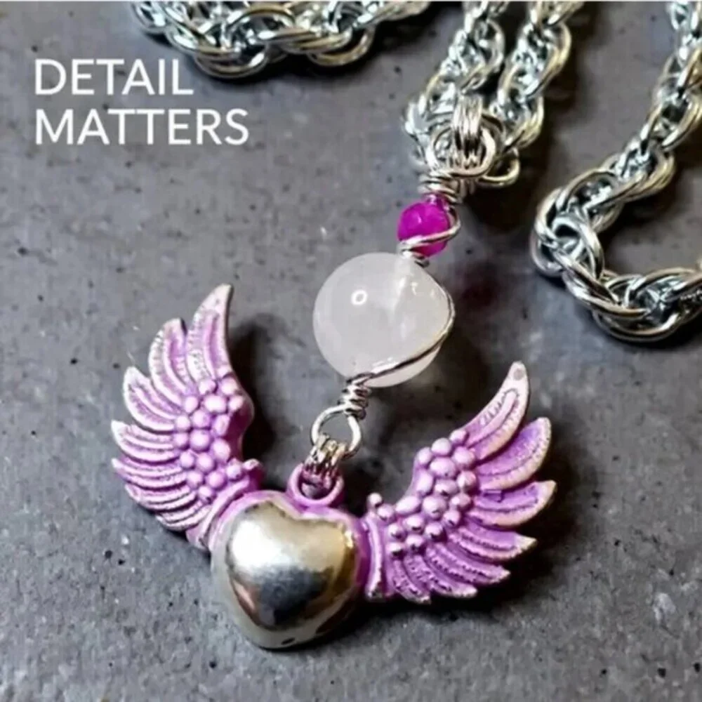 Winged Heart Clear Quartz Necklace • Patina Pink • Only One Left • Mother’s Day